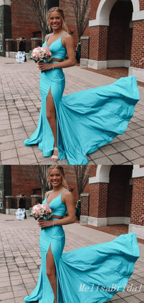 Two Pieces Blue A-Line V Neck Evening Gown Maxi Long Evening Party Prom Dresses With Slit,MB619