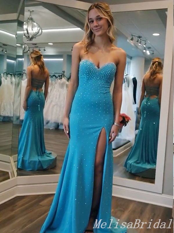 Strapless Blue Beaded Sweetheart Side Slit Mermaid Long Prom Dresses ,MB10971