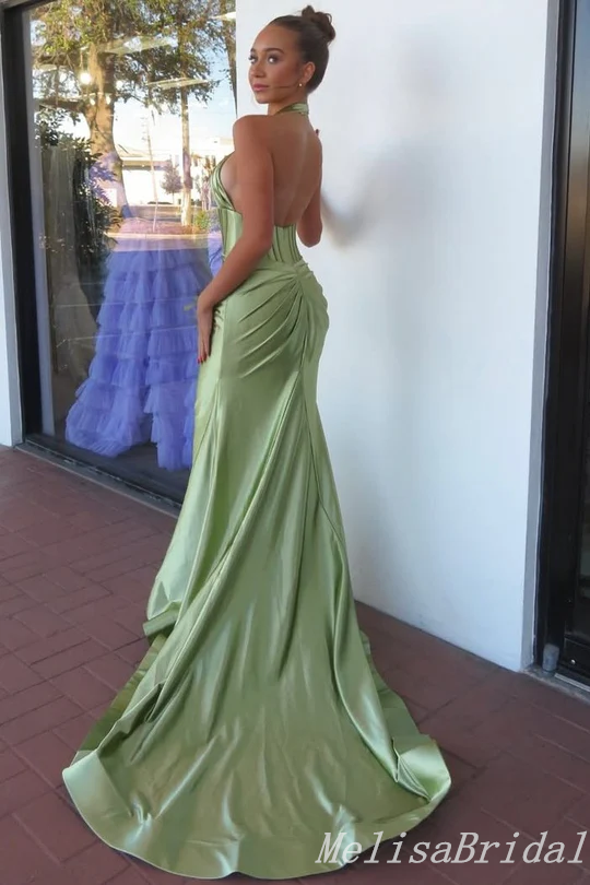 Green Halter Pleats Mermaid Long Prom Dresses to Impress ,MB10976