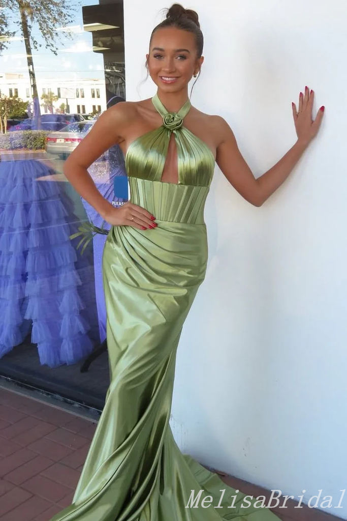 Green Halter Pleats Mermaid Long Prom Dresses to Impress ,MB10976