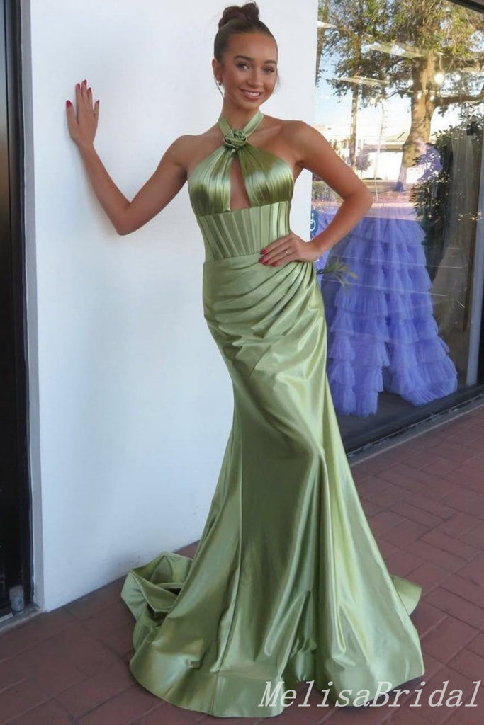 Green Halter Pleats Mermaid Long Prom Dresses to Impress ,MB10976