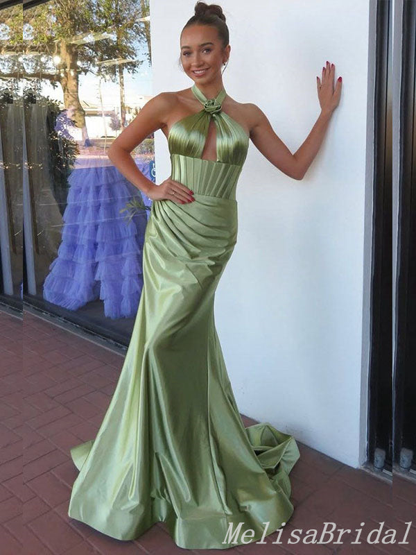 Green Halter Pleats Mermaid Long Prom Dresses to Impress ,MB10976