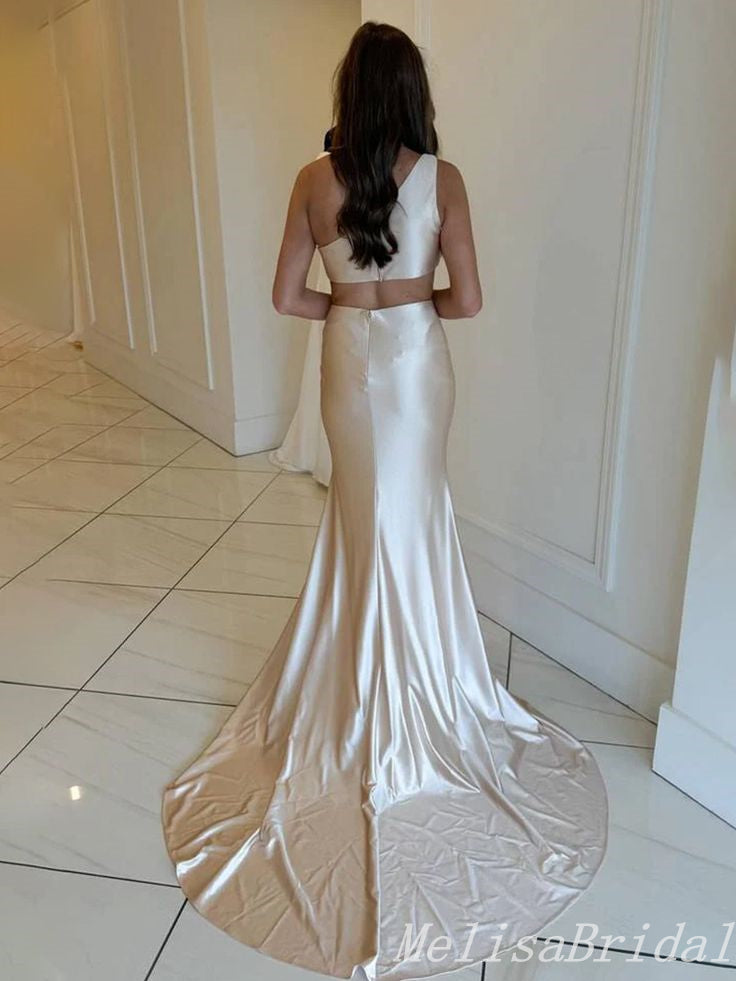 Elegant Silver One Shoulder Mermaid Long Prom Dresses with Trailing,MB10979