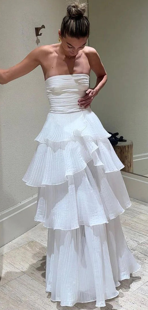 Elegant white Ruffles A- Line Strapless Evening Long Prom Dresses,MB28