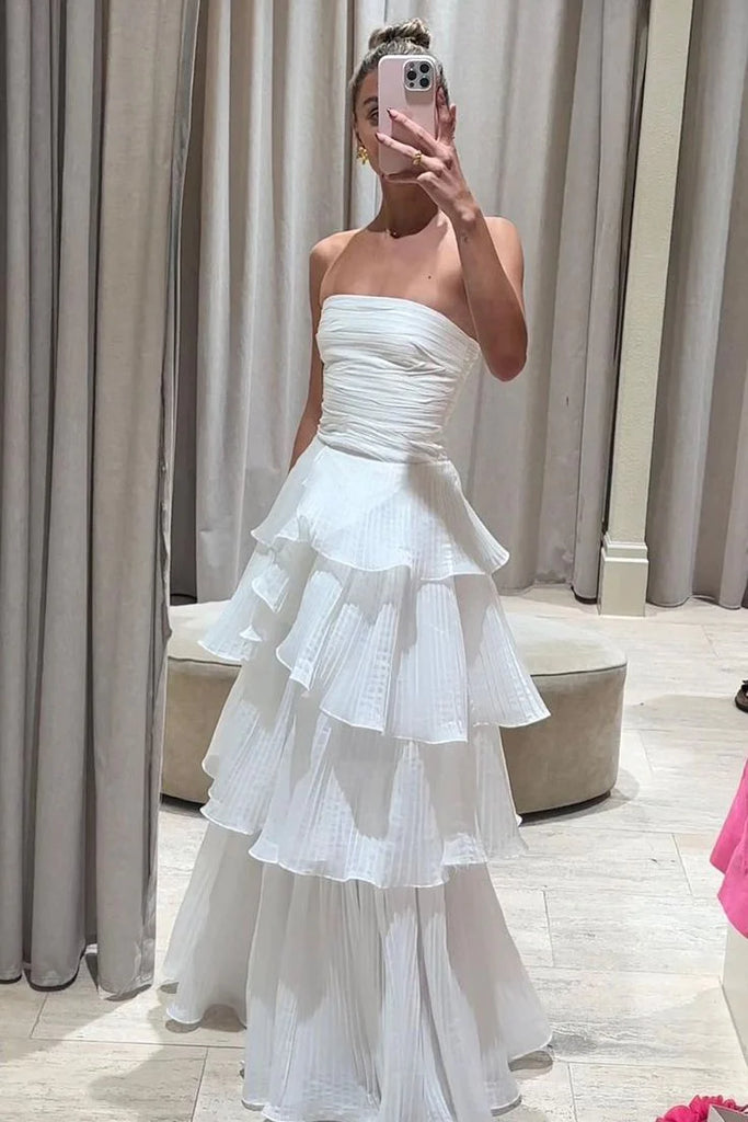 Elegant white Ruffles A- Line Strapless Evening Long Prom Dresses,MB28