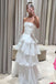 Elegant white Ruffles A- Line Strapless Evening Long Prom Dresses,MB28