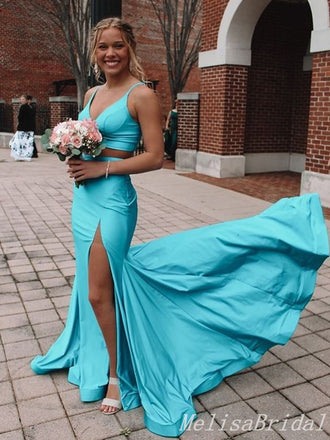 Two Pieces Blue A-Line V Neck Evening Gown Maxi Long Evening Party Prom Dresses With Slit,MB619