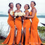 Elegant Orange Side Slit One Shoulder Mermaid Long Cheap Bridesmaid Dresses ,BD107