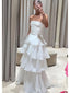 Elegant white Ruffles A- Line Strapless Evening Long Prom Dresses,MB28