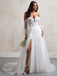 Elegant White Half Sleeves Off Shoulder Tulle Lace Appliques V Neck Side Slit A-Line Long Cheap Wedding Dresses,WD65