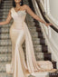 Elegant One Shoulder Mermaid Light Pink Beaded Evening Gown Long Formal Dresses Prom Dresses ,MB388