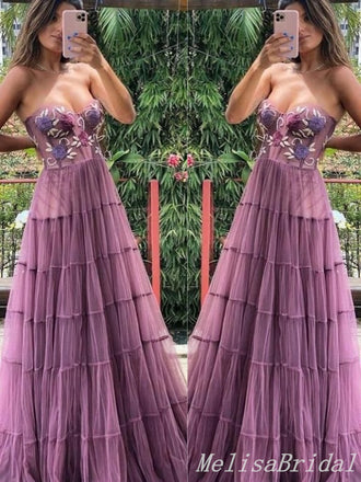 Grape A-Line Floral Appliques Sweetheart Strapless Evening Gown Maxi Long Evening Party Prom Dresses,MB588