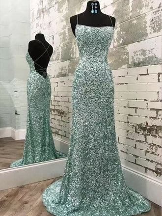 Sparkle Green Spaghetti Straps Lace Up Back Mermaid Evening Gown Maxi Long Evening Party Prom Dresses ,MB717