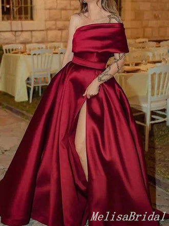 Sexy Off the Shoulder High Slit A-line Evening Gown Long Prom Dresses with Pleats,MB305