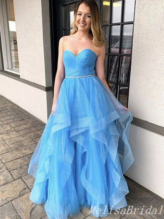 Blue Fluffy Strapless Layer Sweetheart A-Line Evening Gown Maxi Long Evening Party Prom Dresses,MB644
