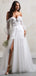 Elegant White Half Sleeves Off Shoulder Tulle Lace Appliques V Neck Side Slit A-Line Long Cheap Wedding Dresses,WD65