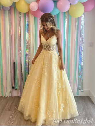 Elegant Spaghetti Straps Lace up Back Lace Appliques Tulle Evening Gown Long Prom Dresses  ,MB246