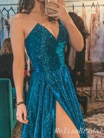 Sexy Strapless Sparkle High Side Slit V-neck A-line Evening Gown Long Formal Dresses Prom Dresses,MB364