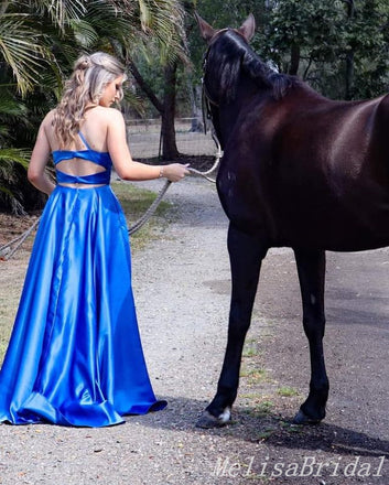 Spaghetti Straps Blue A-Line Straight Neck Evening Gown Maxi Long Evening Party Prom Dresses With Slit,MB620