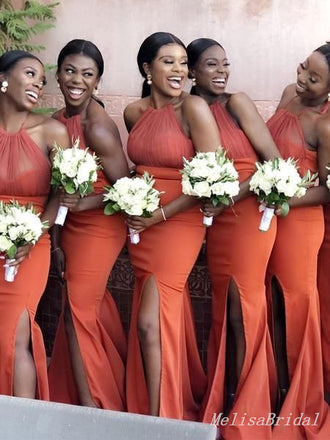 Halter Mermaid Orange Long Bridesmaid Dresses with Side Slit,BD229