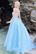 Sexy Spaghetti Straps Blue A-line Mermaid Lace up Back Party Dress Long Prom Dresses to Impress ,MB1024