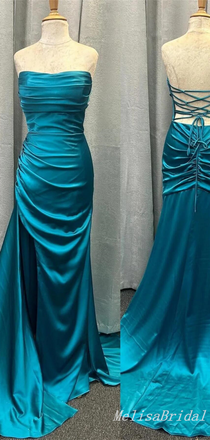 Mermaid Strapless Lace Up Back Evening Gown Maxi Long Formal Dresses Prom Dresses With Pleats,MB560