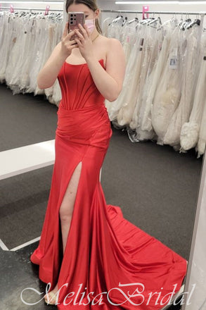 Red Strapless Straight Neck Evening Gown Maxi Long Evening Party Prom Dresses With Side Slit,MB645