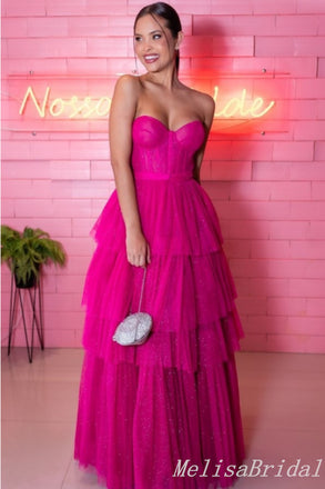 Strapless Hot Pink Sheer Corset Bodice Layer A-line Evening Gown Maxi Long Evening Party Prom Dresses,MB743