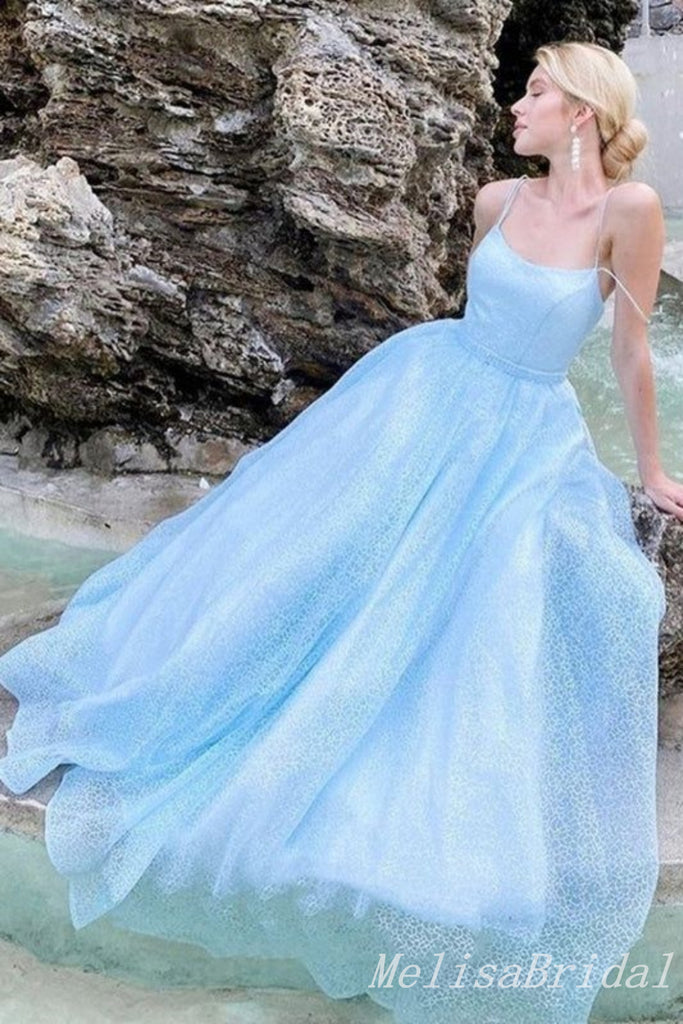 Sexy Spaghetti Straps Blue A-line Mermaid Lace up Back Party Dress Long Prom Dresses to Impress ,MB1024