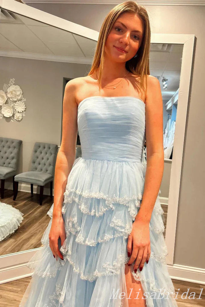 Elegant Light Blue Side Slit Strapless A-line Long Prom Dresses ,MB10983