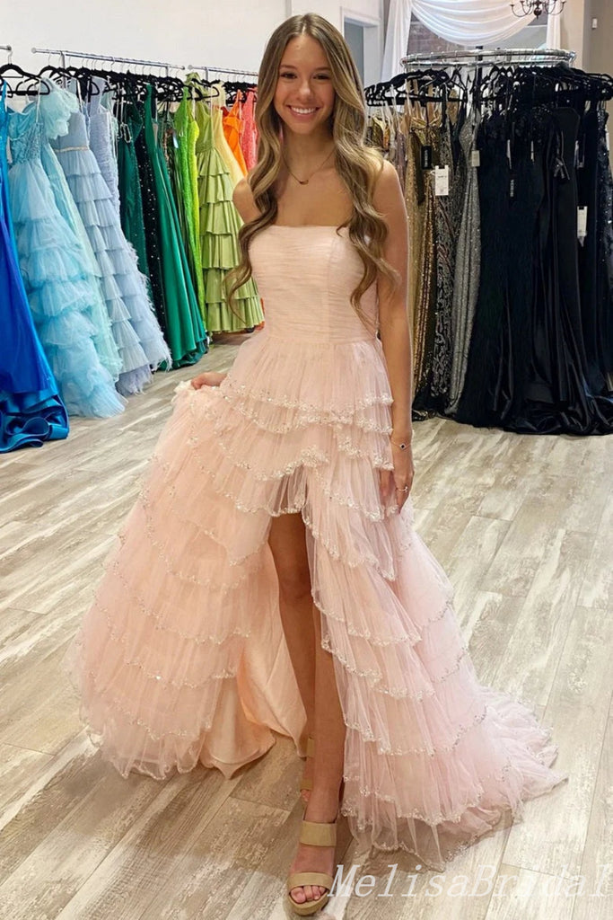 Elegant Light Pink Side Slit Strapless A-line Long Prom Dresses ,MB10984