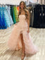 Elegant Light Pink Side Slit Strapless A-line Long Prom Dresses ,MB10984