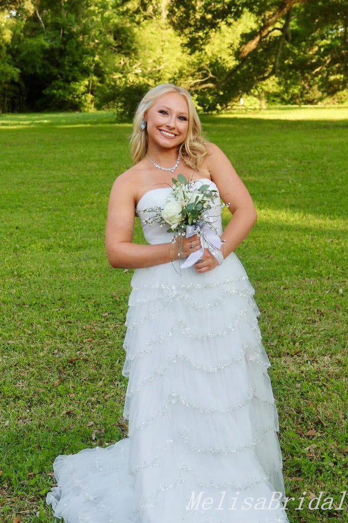 Elegant White Side Slit Strapless A-line Long Prom Dresses,MB10986