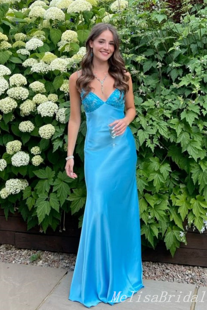 Stunning Blue Spaghetti Straps V Neck Sheath Long Prom Dresses ,MB10987