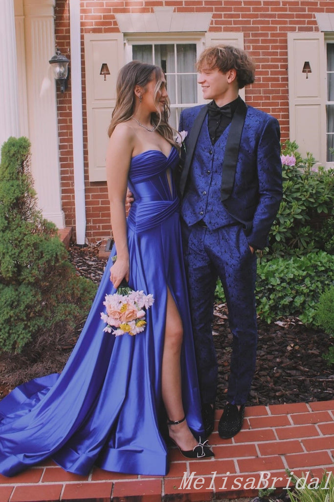 Sexy Blue Strapless Side Slit A-line Long Prom Dresses  ,MB10988