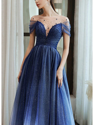 Gorgeous Sexy Elegant Blue Tulle Yarn A-line Beading Long Prom Dresses Evening Gown,MB170