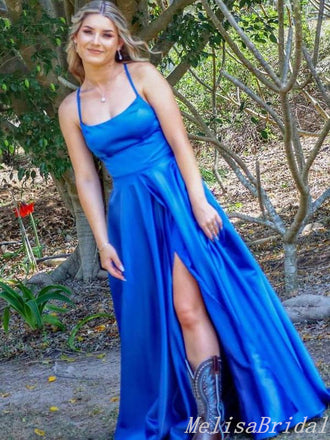 Spaghetti Straps Blue A-Line Straight Neck Evening Gown Maxi Long Evening Party Prom Dresses With Slit,MB620