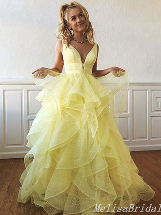 Sexy Yellow Plunging A-Line Layer Evening Gown Maxi Long Formal Dresses Prom Dresses With Ruffles,MB492