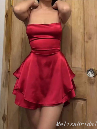 Sexy Red Lace Up Back Simple A-Line Short Homecoming Dresses With Pleats , HD313