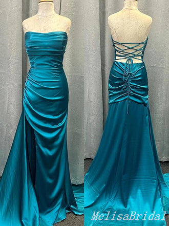 Mermaid Strapless Lace Up Back Evening Gown Maxi Long Formal Dresses Prom Dresses With Pleats,MB560