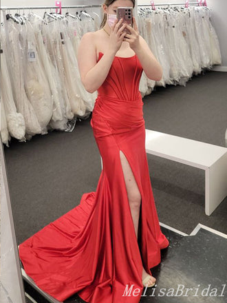 Red Strapless Straight Neck Evening Gown Maxi Long Evening Party Prom Dresses With Side Slit,MB645
