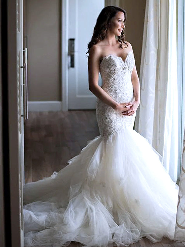 Elegant Sweetheart Off-White Lace Mermaid Long Cheap Wedding Dresses, WD22