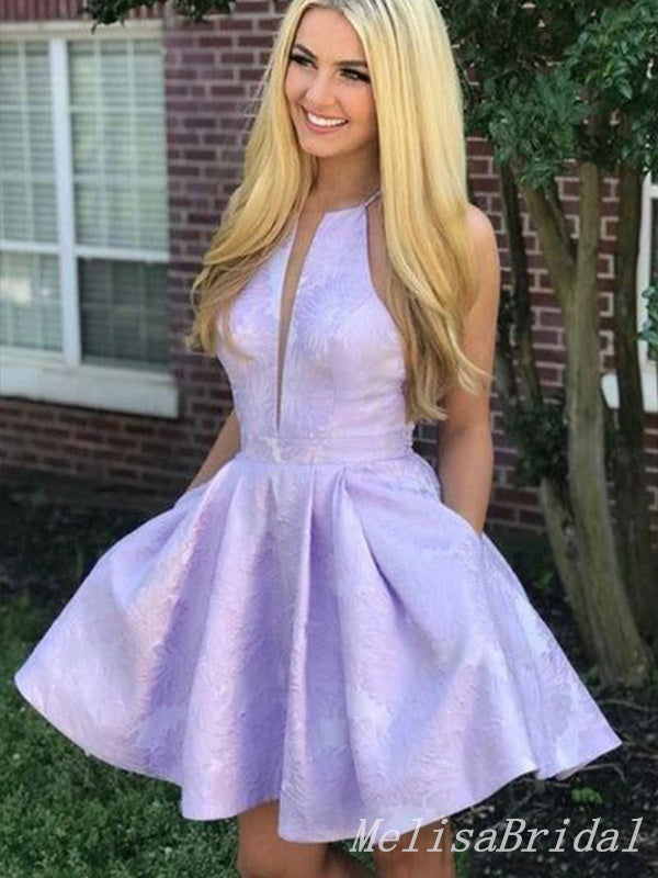 High-end Floral A-line Purple Short Homecoming Dresses with Pleats, HD250