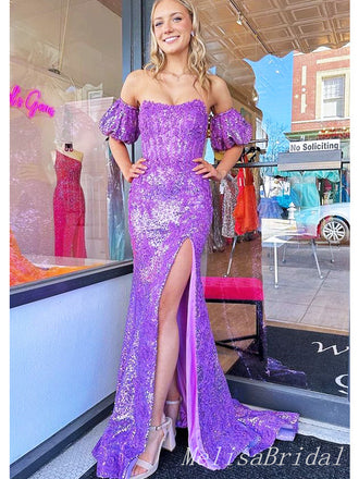 Sparkly Purple Off Shoulder Side Slit Mermaid Long Evening Prom Dresses,MB108