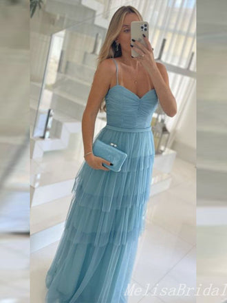 Blue Spaghetti Straps A-line Fluffy Evening Gown Maxi Long Evening Party Prom Dresses ,MB763