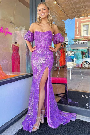 Sparkly Purple Off Shoulder Side Slit Mermaid Long Evening Prom Dresses,MB108