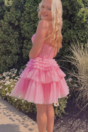 Elegant Pink Ruffles Tulle Lace Appliqueas Illusion A-Line Simple Short Homecoming Dresses, HD66