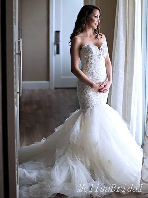 Elegant Sweetheart Off-White Lace Mermaid Long Cheap Wedding Dresses, WD22