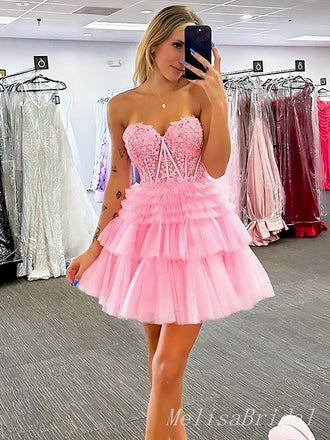 Elegant Pink Ruffles Tulle Lace Appliqueas Illusion A-Line Simple Short Homecoming Dresses, HD66