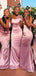 Elegant Pink One Shoulder Soft Satin Appliques Mermaid Long Cheap Bridesmaid Dresses ,BD63